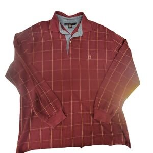 Vintage VTG Tommy Hilfiger Mens Plaid Long Sleeve Polo Shirt Maroon Gold Size‎ L